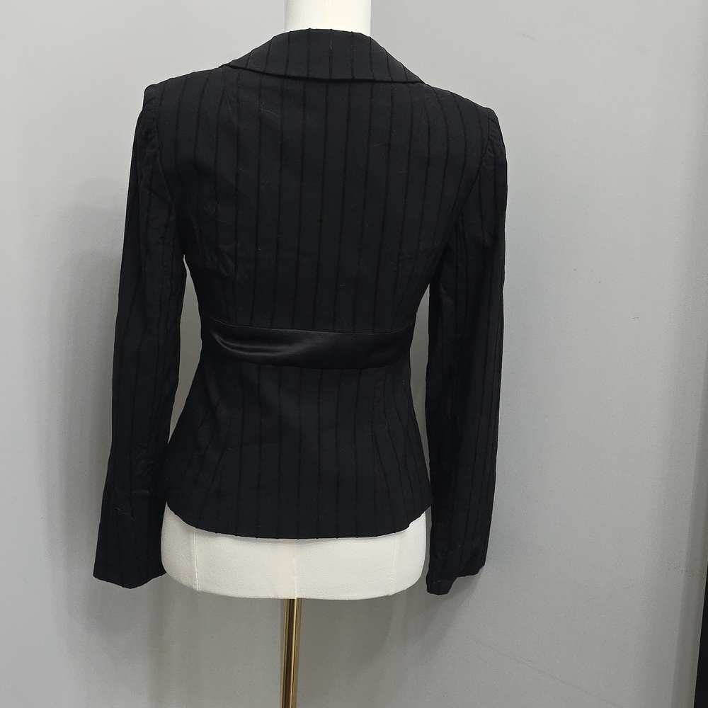 Nanette Lepore Vintage Black Tailored Pinstripe Tuxedo Blazer with Satin Bow - Picture 3 of 8